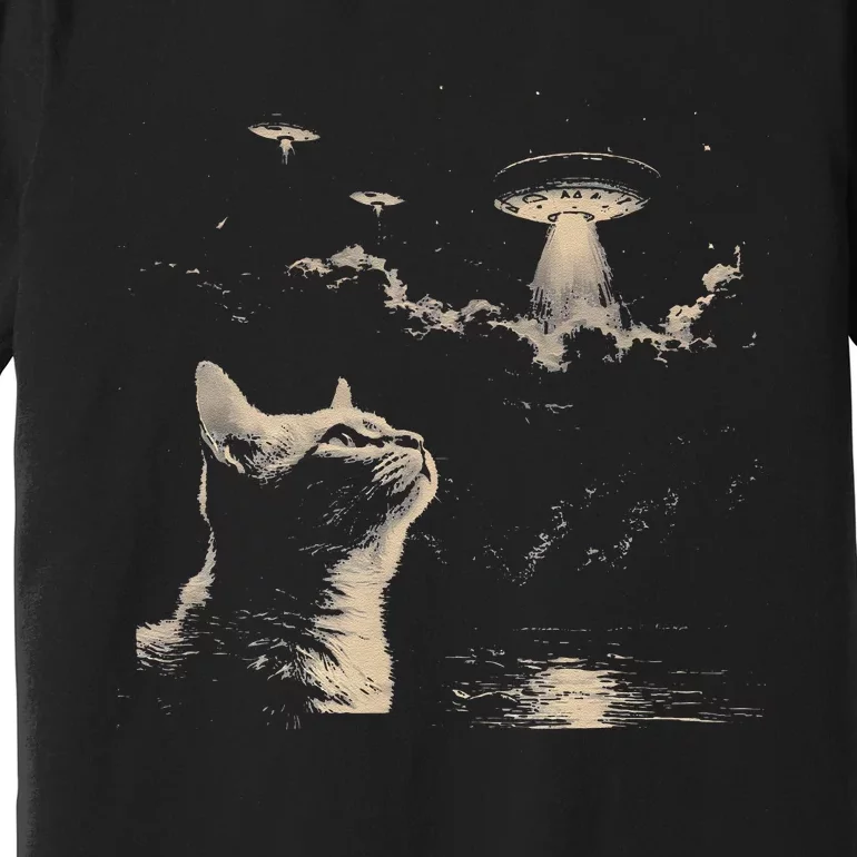 Funny Animal Cat Selfie With Ufos Weird Premium T-Shirt