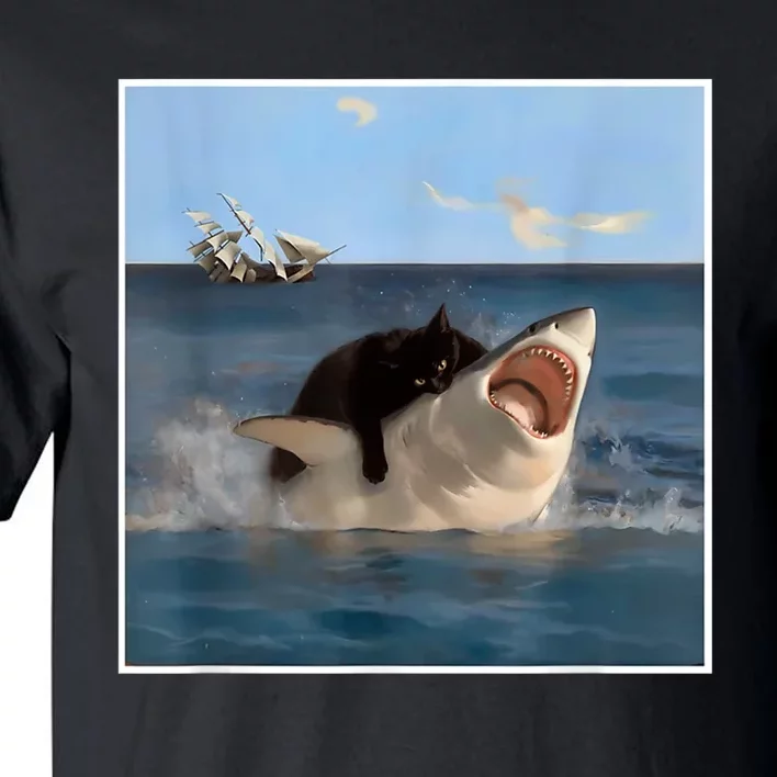 Funny Art & Cat Lover Quote Cat Biting Shark Cool Fat Cat Tall T-Shirt