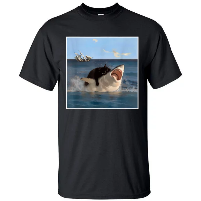 Funny Art & Cat Lover Quote Cat Biting Shark Cool Fat Cat Tall T-Shirt