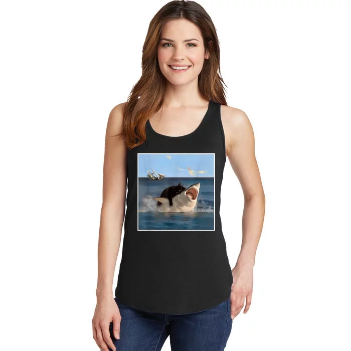 Funny Art & Cat Lover Quote Cat Biting Shark Cool Fat Cat Ladies Essential Tank