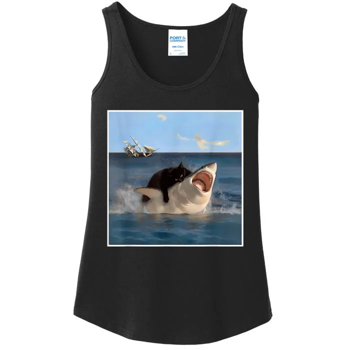 Funny Art & Cat Lover Quote Cat Biting Shark Cool Fat Cat Ladies Essential Tank