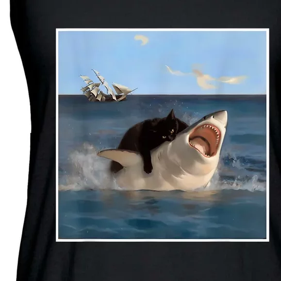 Funny Art & Cat Lover Quote Cat Biting Shark Cool Fat Cat Ladies Essential Flowy Tank