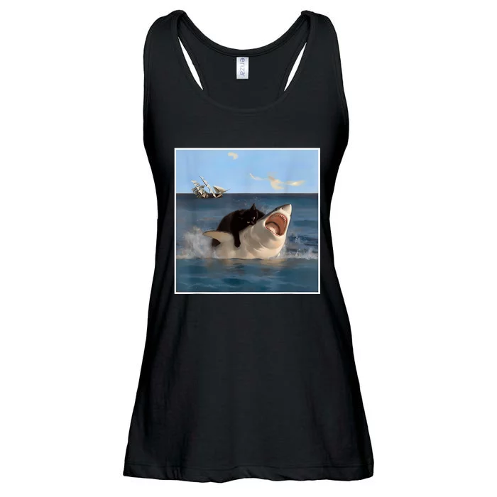 Funny Art & Cat Lover Quote Cat Biting Shark Cool Fat Cat Ladies Essential Flowy Tank