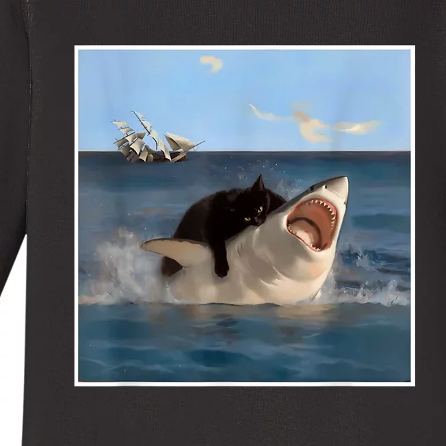 Funny Art & Cat Lover Quote Cat Biting Shark Cool Fat Cat Baby Long Sleeve Bodysuit