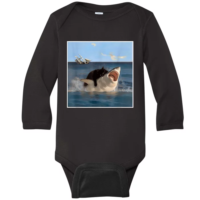 Funny Art & Cat Lover Quote Cat Biting Shark Cool Fat Cat Baby Long Sleeve Bodysuit