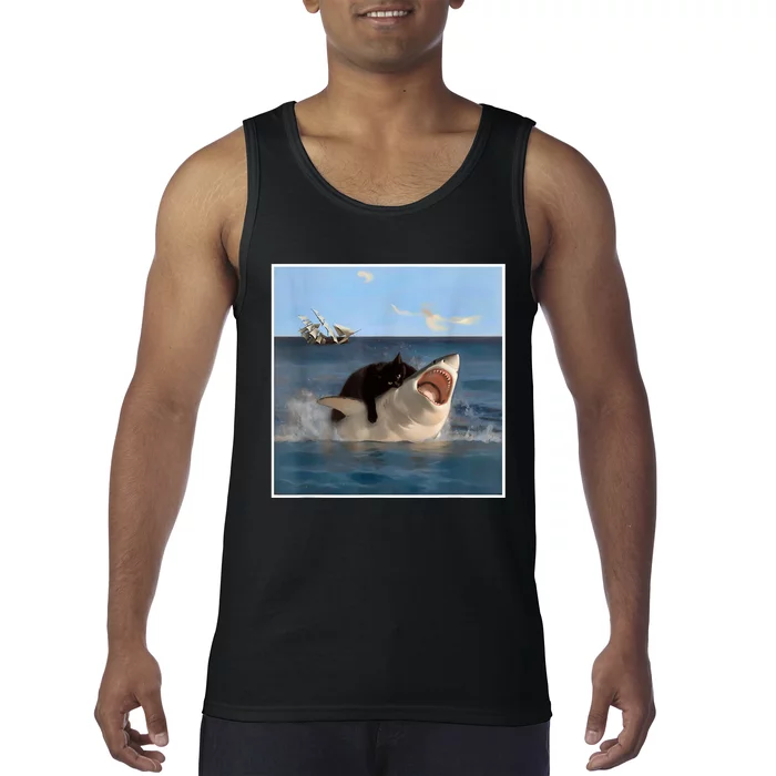 Funny Art & Cat Lover Quote Cat Biting Shark Cool Fat Cat Tank Top