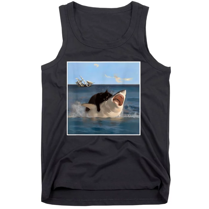 Funny Art & Cat Lover Quote Cat Biting Shark Cool Fat Cat Tank Top