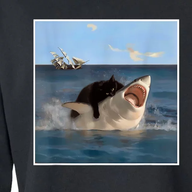 Funny Art & Cat Lover Quote Cat Biting Shark Cool Fat Cat Cropped Pullover Crew