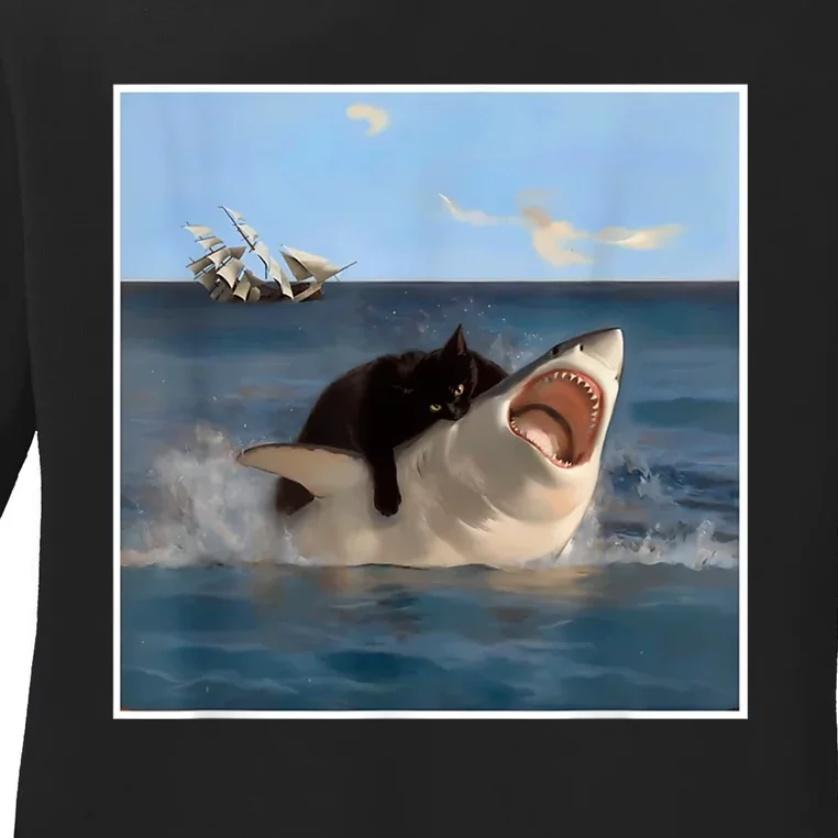 Funny Art & Cat Lover Quote Cat Biting Shark Cool Fat Cat Ladies Long Sleeve Shirt