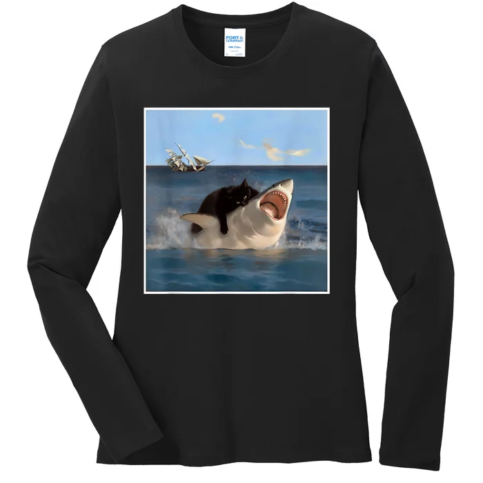 Funny Art & Cat Lover Quote Cat Biting Shark Cool Fat Cat Ladies Long Sleeve Shirt