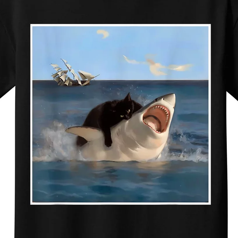 Funny Art & Cat Lover Quote Cat Biting Shark Cool Fat Cat Kids T-Shirt