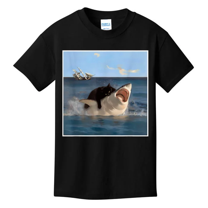 Funny Art & Cat Lover Quote Cat Biting Shark Cool Fat Cat Kids T-Shirt