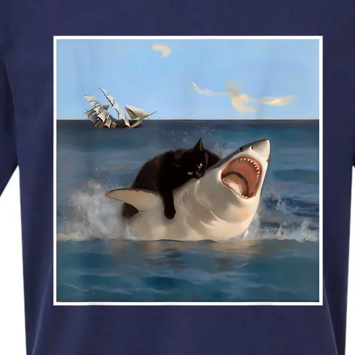 Funny Art & Cat Lover Quote Cat Biting Shark Cool Fat Cat Sueded Cloud Jersey T-Shirt