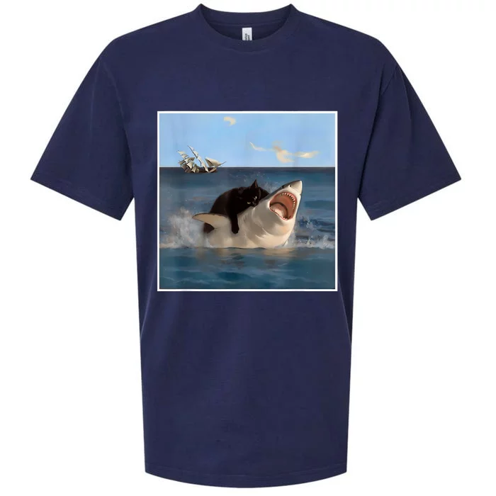 Funny Art & Cat Lover Quote Cat Biting Shark Cool Fat Cat Sueded Cloud Jersey T-Shirt