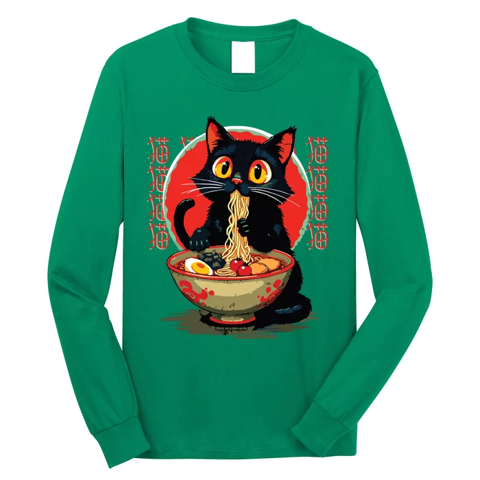 Funny Anime Cute Cat Eating Ramen Japanese Noodles Vintage Long Sleeve Shirt