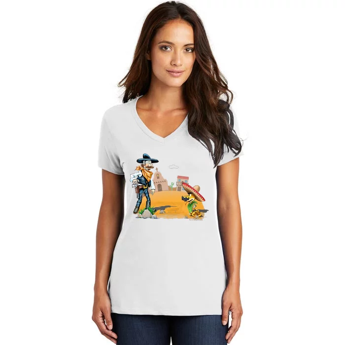 Fun American Cowboy In A Snakebite Showdown Women's V-Neck T-Shirt