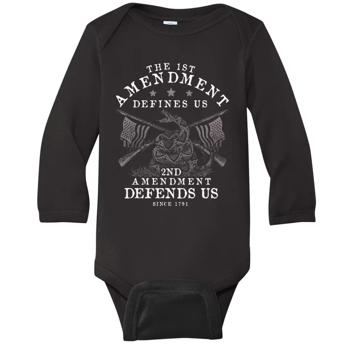 First Amendment Defines Us The Second Defends Us Gun Baby Long Sleeve Bodysuit