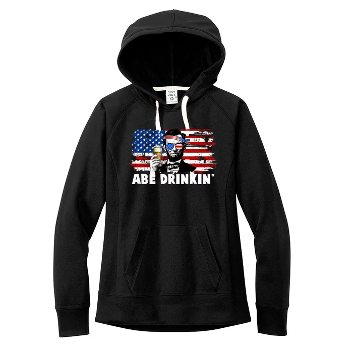 Funny Abe Drinkin USA American Flag Women's Fleece Hoodie