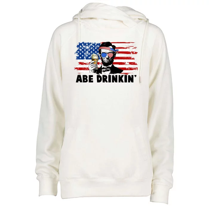 Funny Abe Drinkin USA American Flag Womens Funnel Neck Pullover Hood