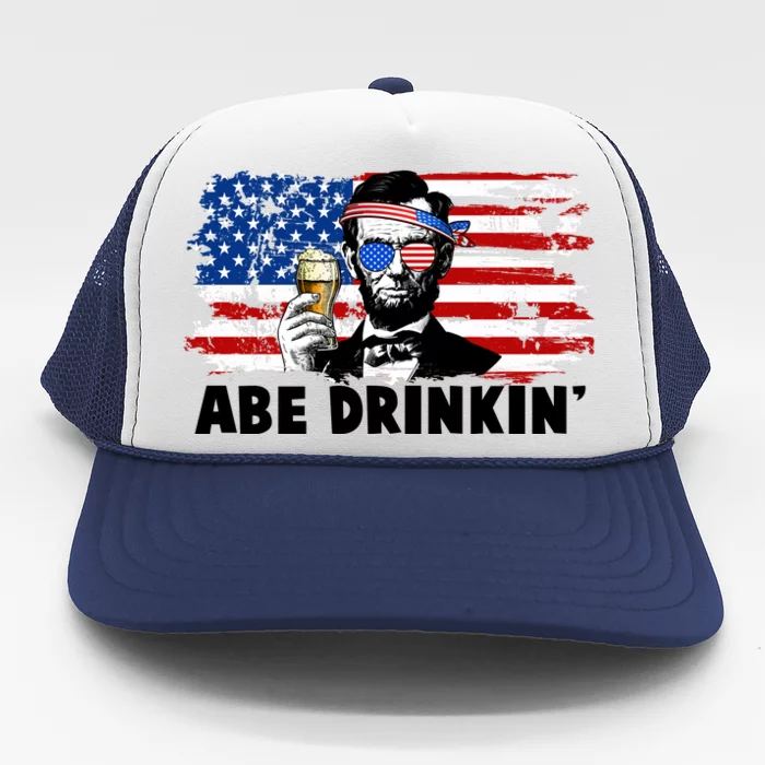 Funny Abe Drinkin USA American Flag Trucker Hat