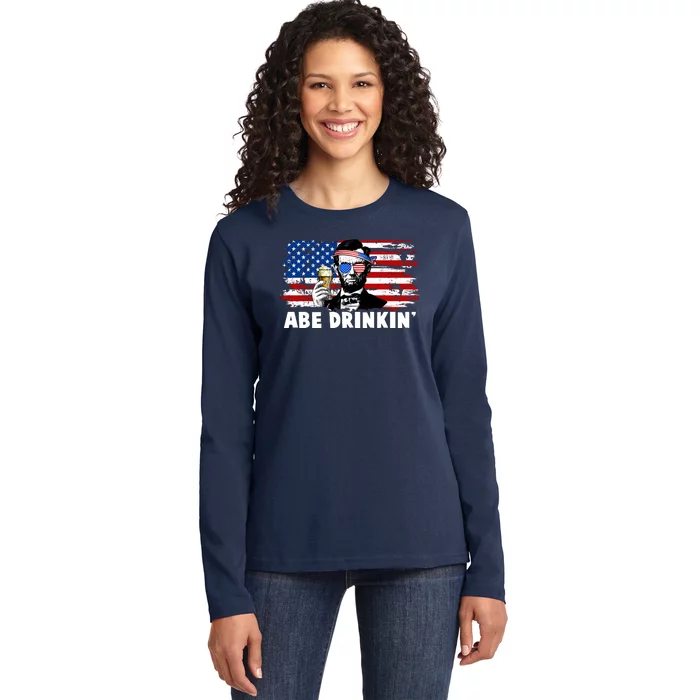 Funny Abe Drinkin USA American Flag Ladies Long Sleeve Shirt