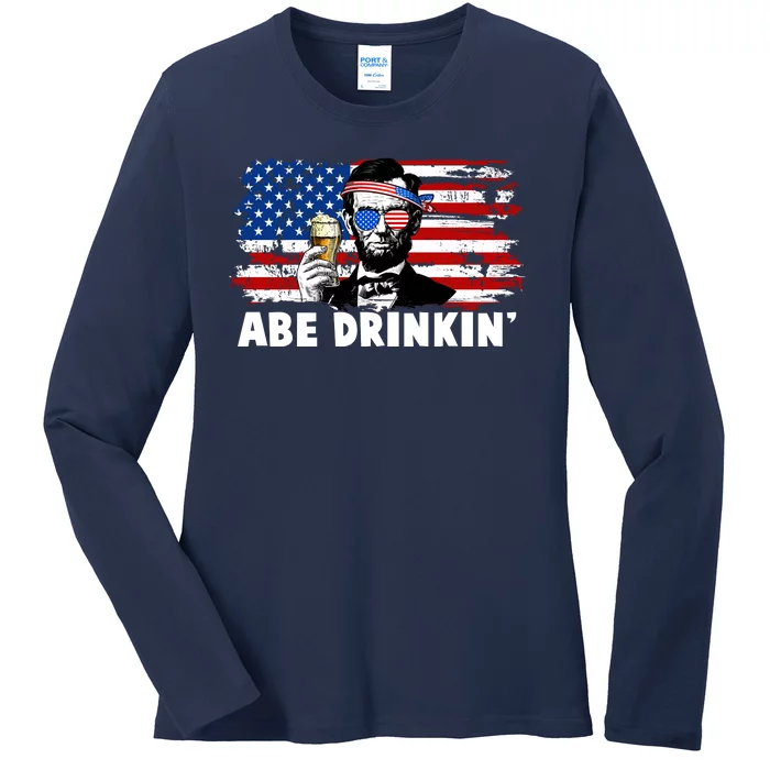 Funny Abe Drinkin USA American Flag Ladies Long Sleeve Shirt