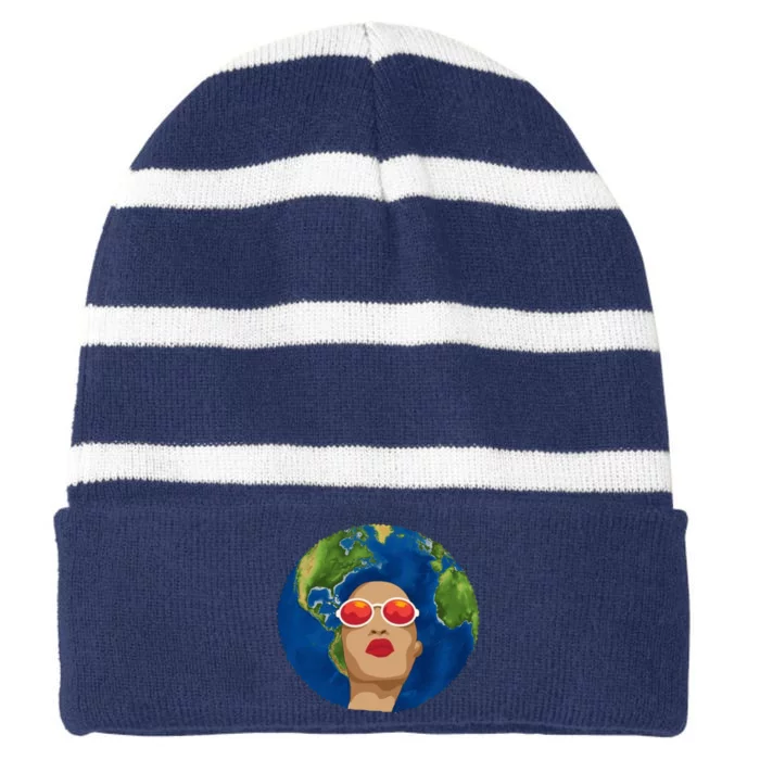 Female Afro Earth Day Striped Beanie with Solid Band