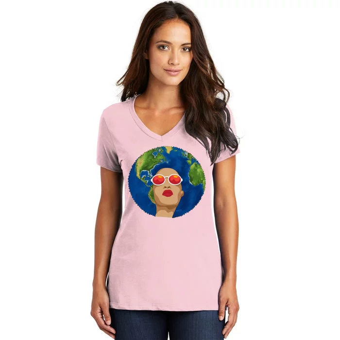 Female Afro Earth Day Women's V-Neck T-Shirt