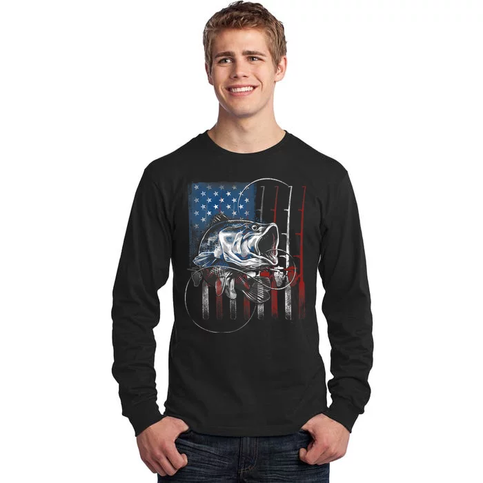 Fishing American Flag Vintage Usa Bass Fisherman Gift Tall Long Sleeve T-Shirt