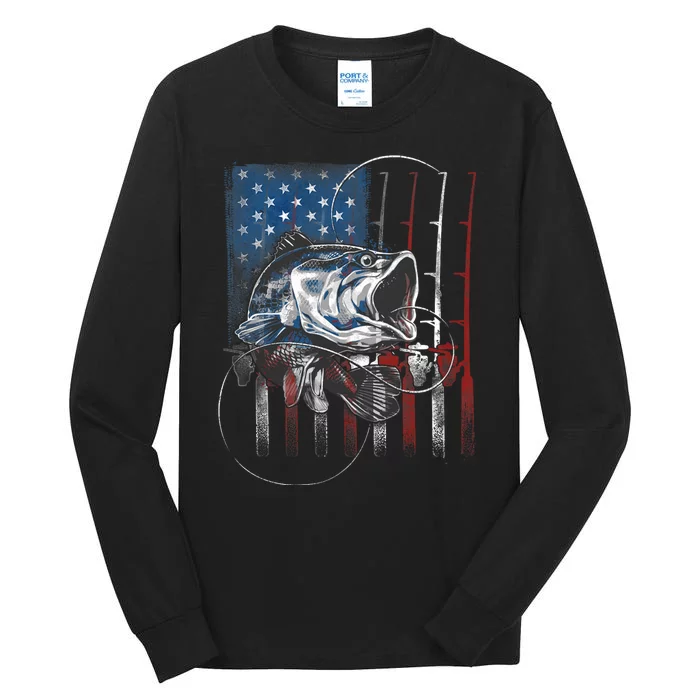 Fishing American Flag Vintage Usa Bass Fisherman Gift Tall Long Sleeve T-Shirt