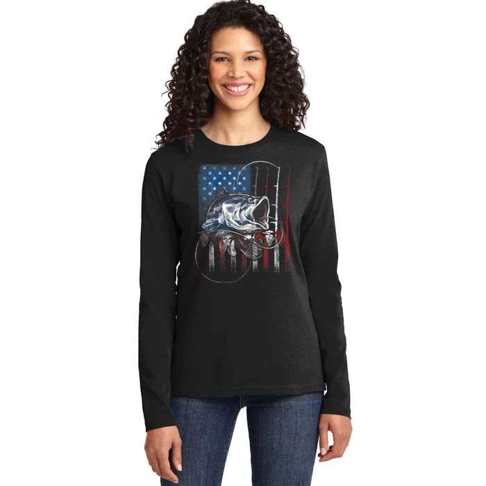 Fishing American Flag Vintage Usa Bass Fisherman Gift Ladies Long Sleeve Shirt