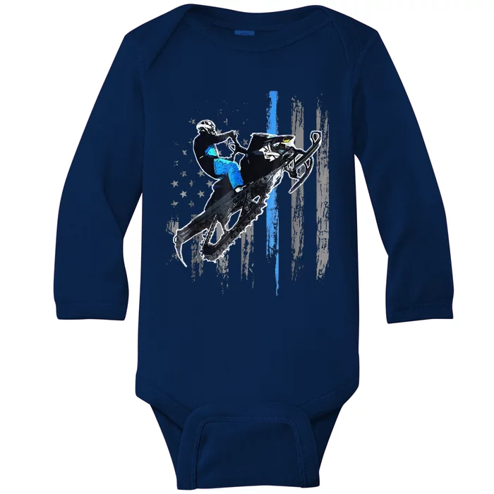 Funny American Flag Snowmobile Snowmobile Riding Gift Baby Long Sleeve Bodysuit