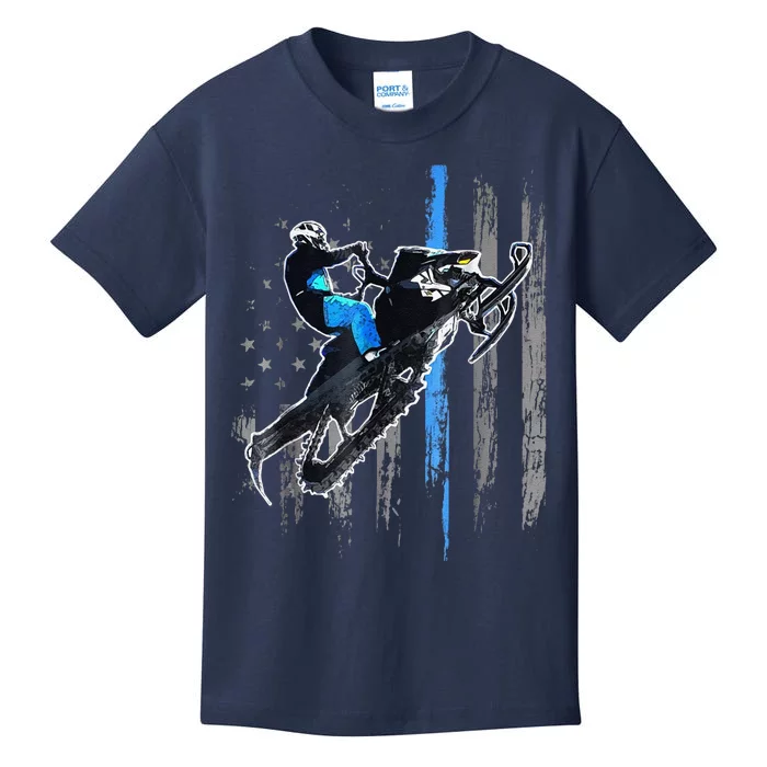 Funny American Flag Snowmobile Snowmobile Riding Gift Kids T-Shirt