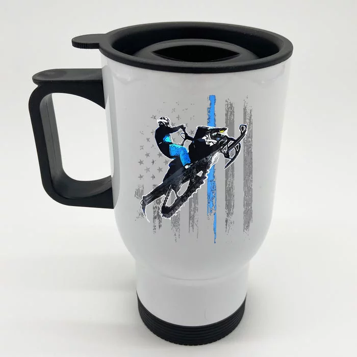 Funny American Flag Snowmobile Snowmobile Riding Gift Front & Back Stainless Steel Travel Mug