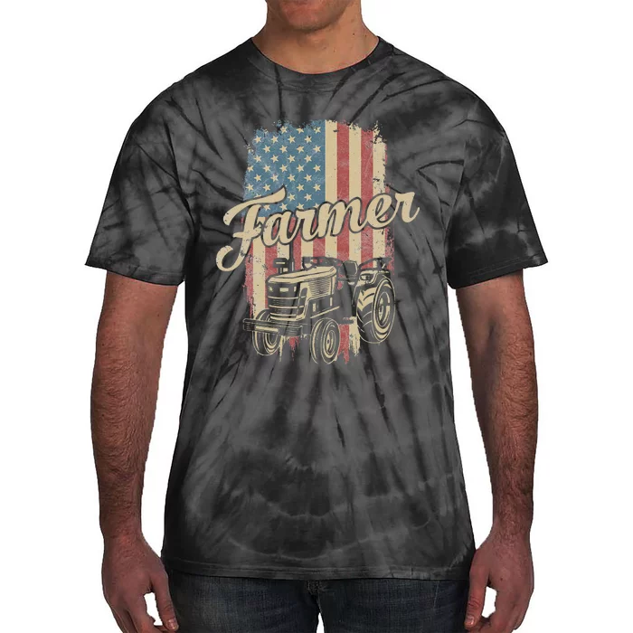 Farmer American Flag Retro Farming Tractor Usa Patrioticic Tie-Dye T-Shirt