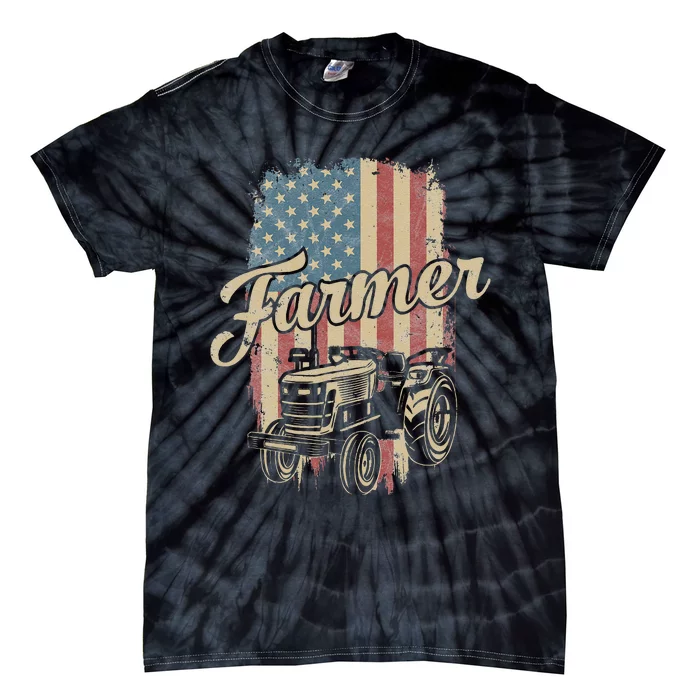 Farmer American Flag Retro Farming Tractor Usa Patrioticic Tie-Dye T-Shirt