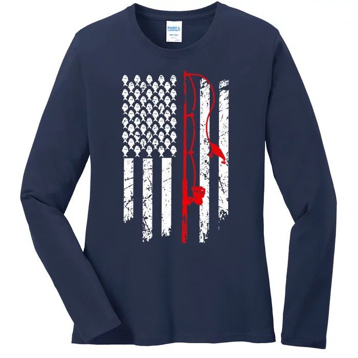 Fishing American Flag Husband Son Grandson Funny Fisherman Ladies Long Sleeve Shirt