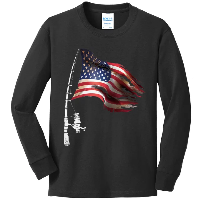 Fishing American Flag Fisherman Patriotic Day 4th Of July Kids Long Sleeve Shirt