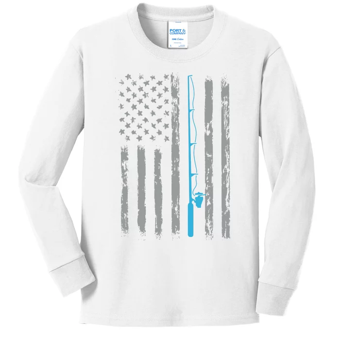 Fishing American Flag Vintage USA Bass Fisherman Gift Kids Long Sleeve Shirt