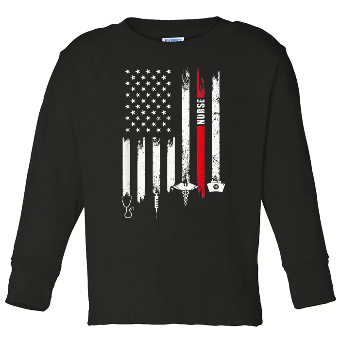 Funny American Flag Nurse Day Gift Idea Toddler Long Sleeve Shirt