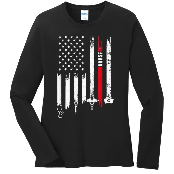 Funny American Flag Nurse Day Gift Idea Ladies Long Sleeve Shirt