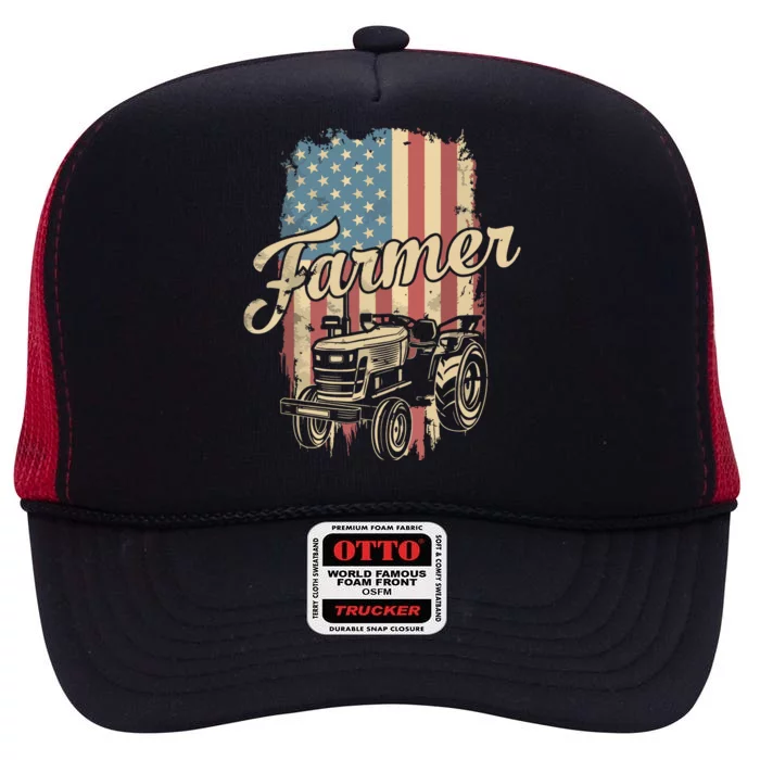 Farmer American Flag Retro Farming Tractor Usa Patrioticic High Crown Mesh Trucker Hat