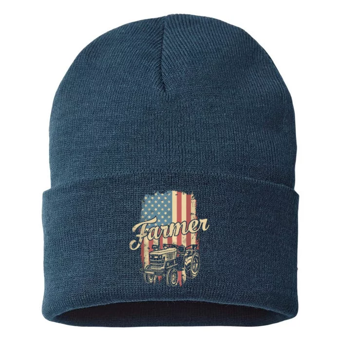 Farmer American Flag Retro Farming Tractor Usa Patrioticic Sustainable Knit Beanie