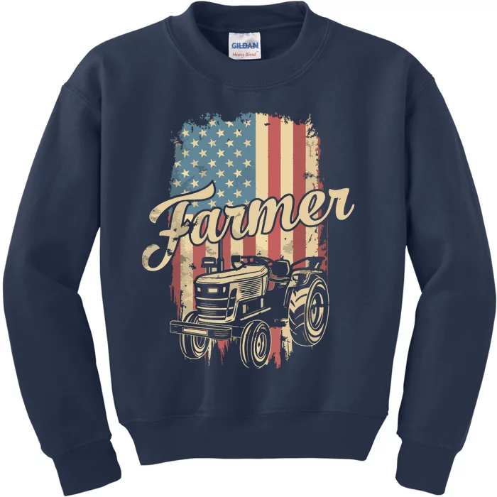 Farmer American Flag Retro Farming Tractor Usa Patrioticic Kids Sweatshirt