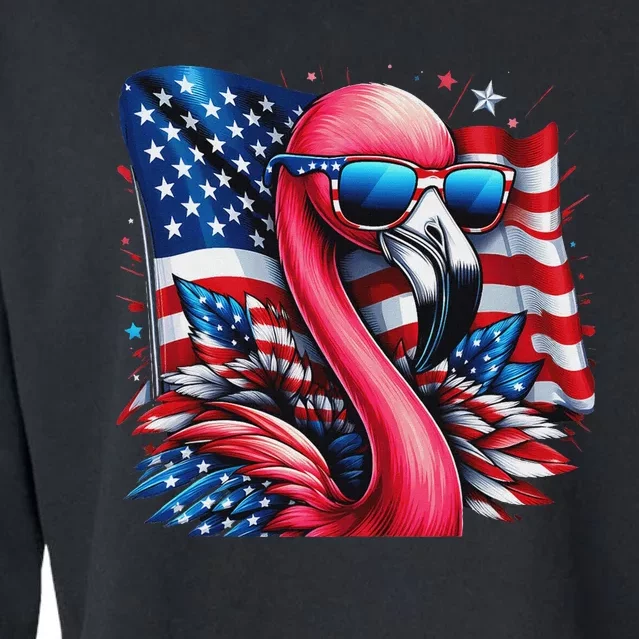 Flamingo American Flag Patriotic For Women 4th Of July Cropped Pullover Crew