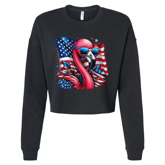 Flamingo American Flag Patriotic For Women 4th Of July Cropped Pullover Crew