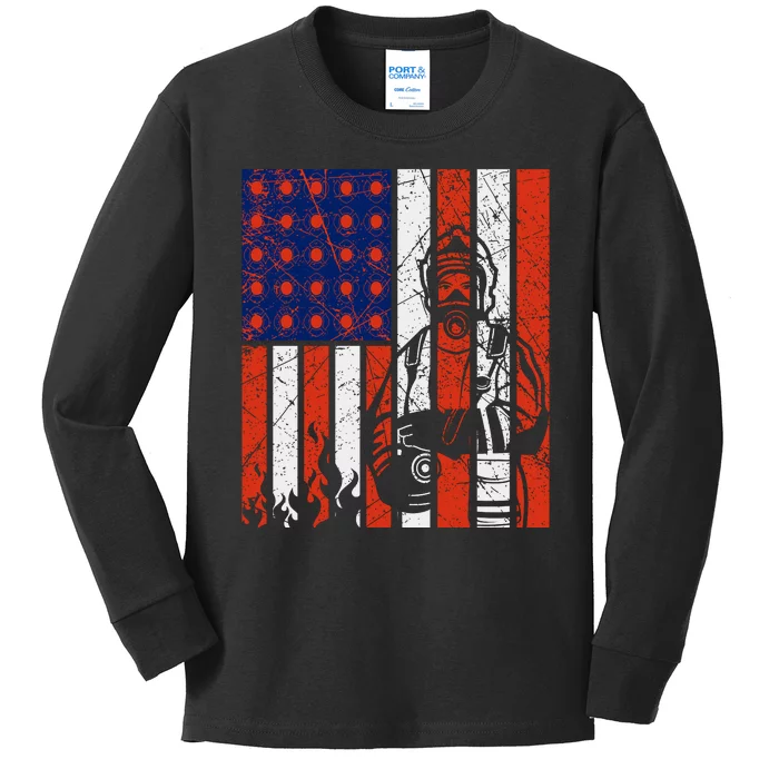 Firefighter American Flag Kids Long Sleeve Shirt