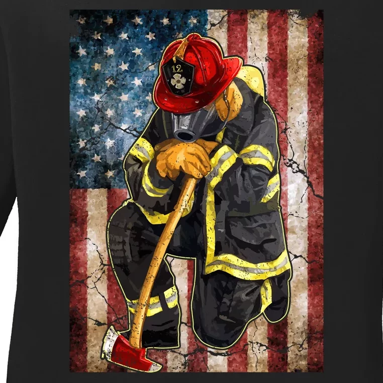 Firefighter American Flag Ladies Long Sleeve Shirt