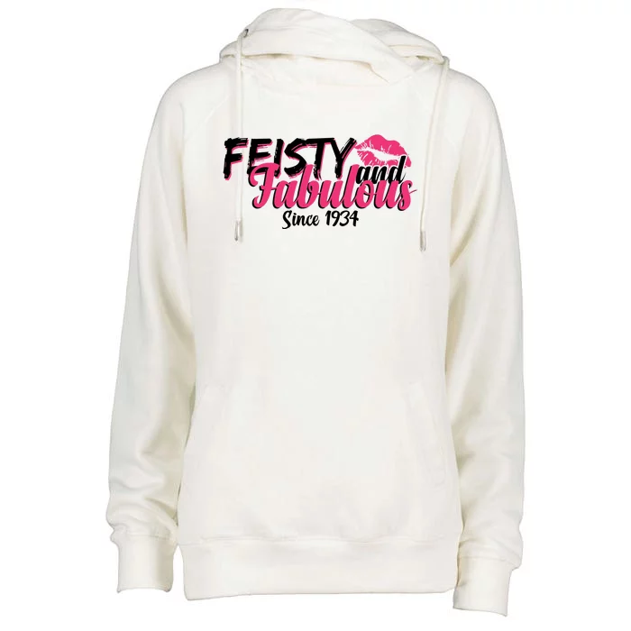 Feisty And Fabulous Since 1934 90th Birthday Womens Funnel Neck Pullover Hood