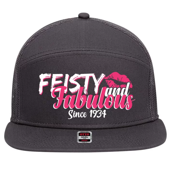 Feisty And Fabulous Since 1934 90th Birthday 7 Panel Mesh Trucker Snapback Hat